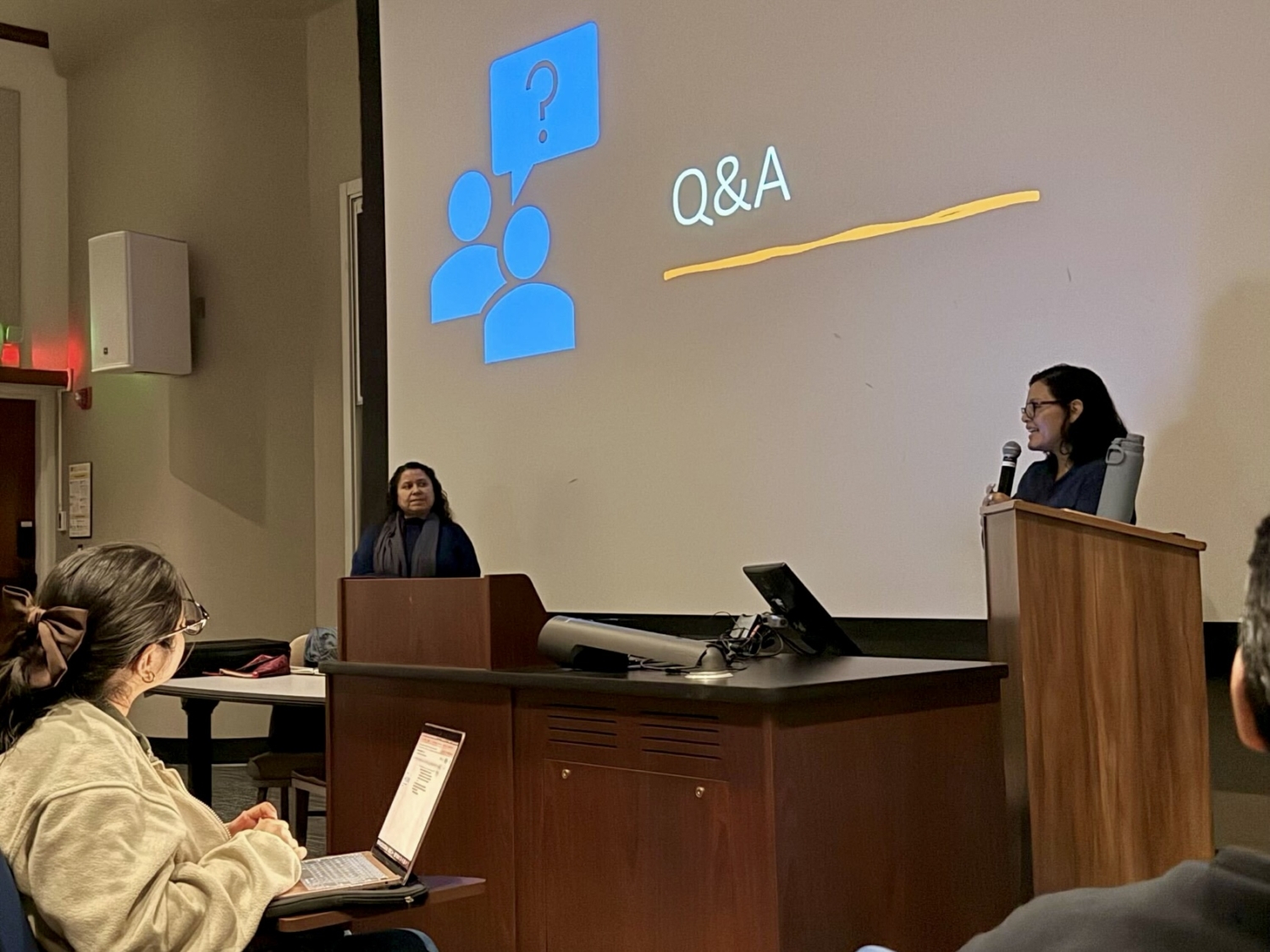 UCLA Labor Studies Professor Leisy Abrego (R) joins Jennifer Cárcamo (L), director of "Eternos Indocumentados" for a Q&A session